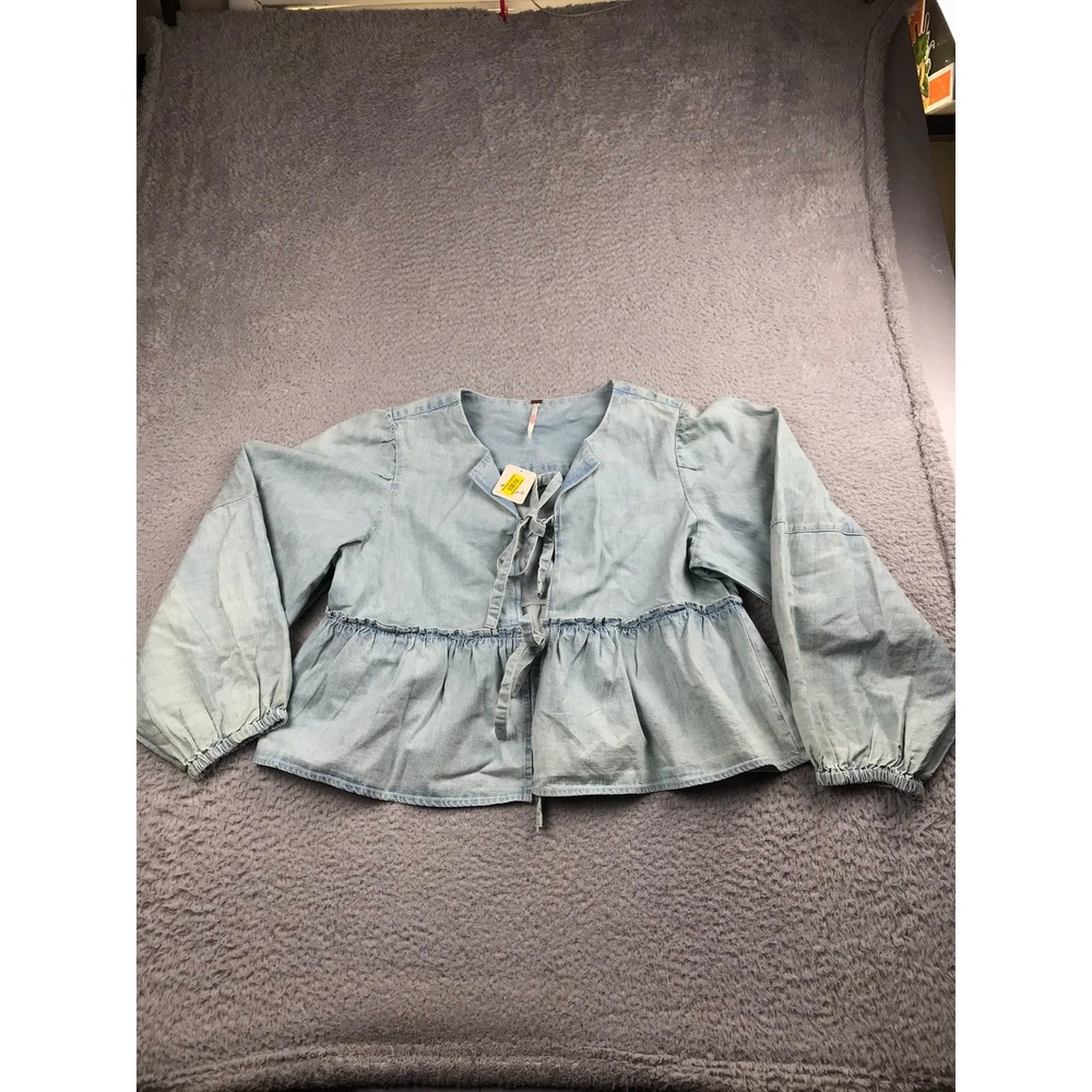 Free People Denim Brunch Babe Blouse Women S Blue Tie Front Peplum Long Slv NEW